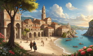 Interpretatie van een oude stad aan een strand