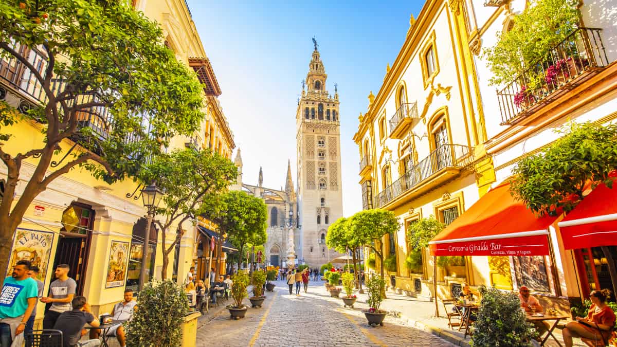 Straat in Sevilla met sinaasappelbomen en uitzicht op de Giralda toren